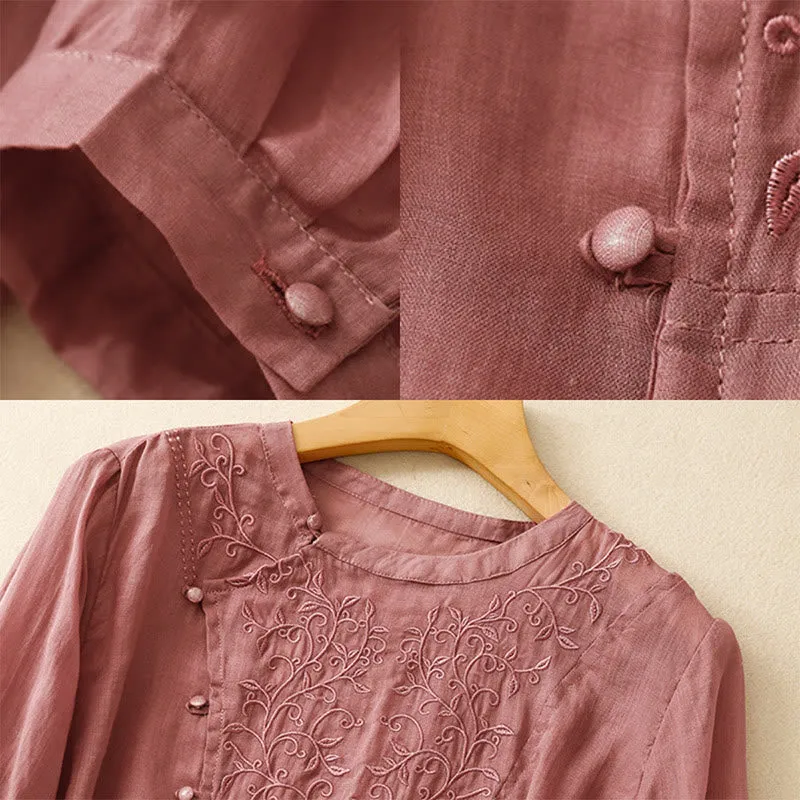 Buddha Stones Plain Frog-Button Embroidery Vine Long Sleeve Slanted Collar Cotton Linen Women's Shirt