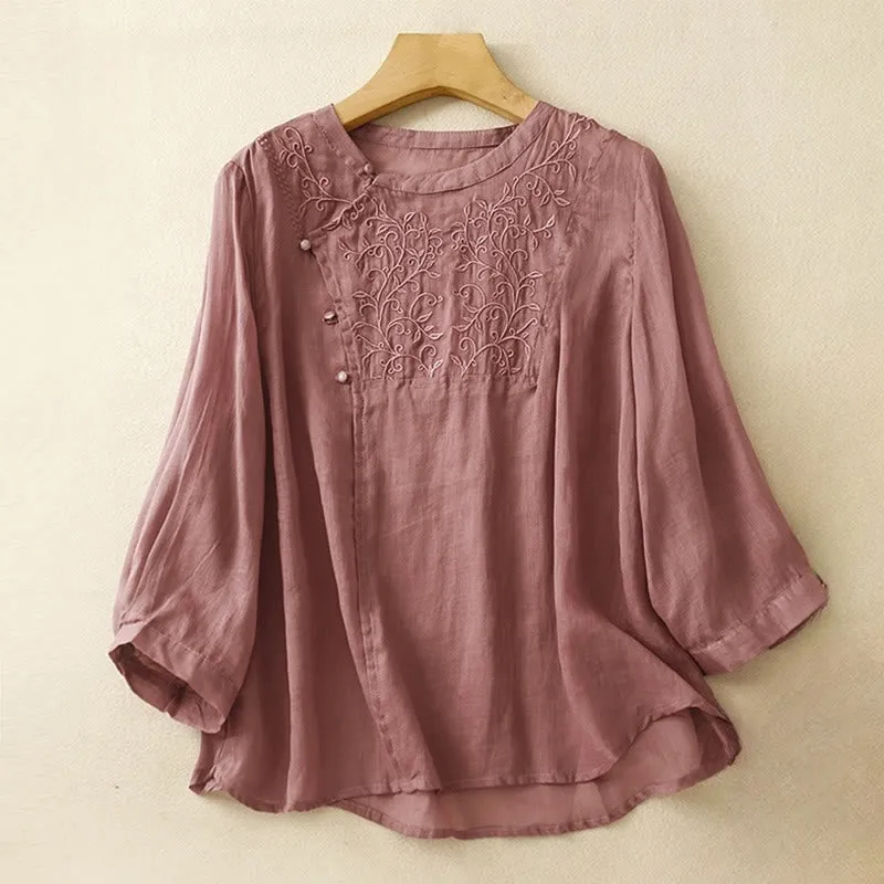 Buddha Stones Plain Frog-Button Embroidery Vine Long Sleeve Slanted Collar Cotton Linen Women's Shirt