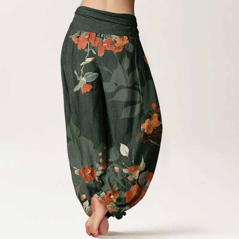 Buddha Stones Red Flowers Green Leaves Bird Women's Elastic Waist Harem Pants