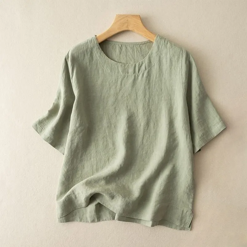 Buddha Stones Simple Plain Short Sleeve Crew Neck Side Slit Cotton Linen Women's T-Shirt