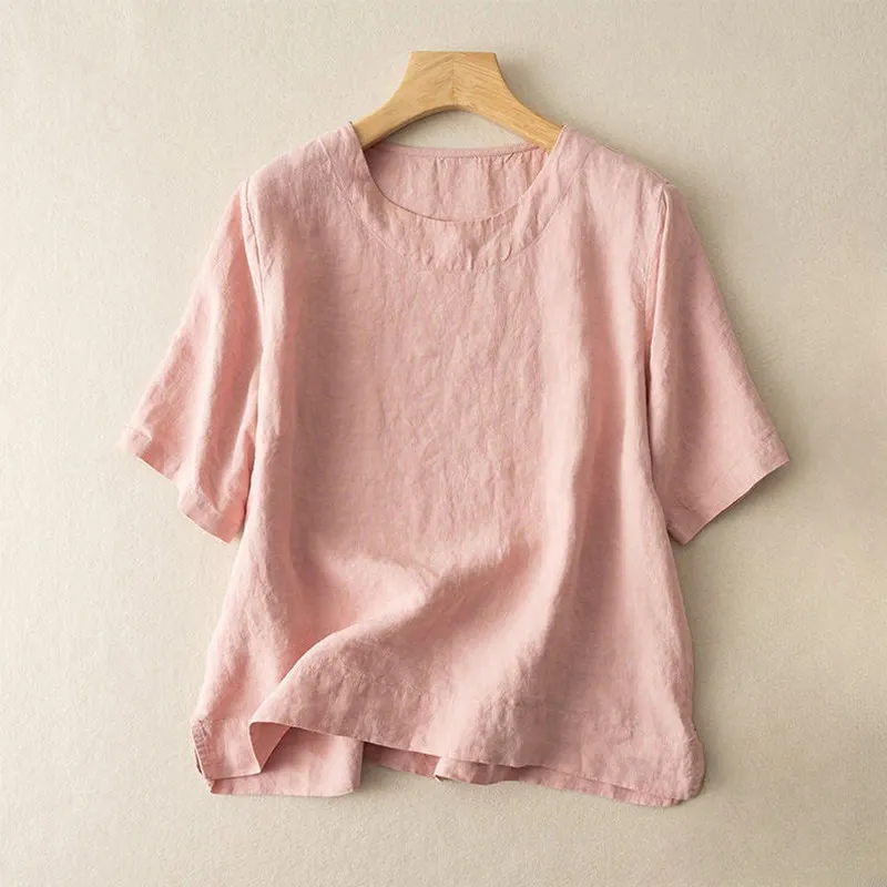 Buddha Stones Simple Plain Short Sleeve Crew Neck Side Slit Cotton Linen Women's T-Shirt
