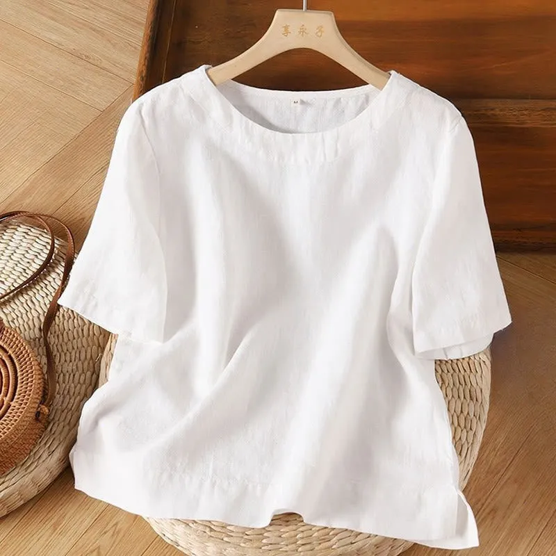 Buddha Stones Simple Plain Short Sleeve Crew Neck Side Slit Cotton Linen Women's T-Shirt