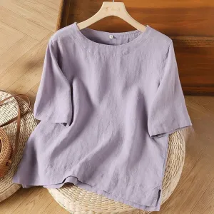 Buddha Stones Simple Plain Short Sleeve Crew Neck Side Slit Cotton Linen Women's T-Shirt