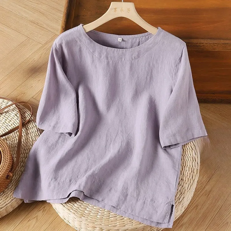 Buddha Stones Simple Plain Short Sleeve Crew Neck Side Slit Cotton Linen Women's T-Shirt