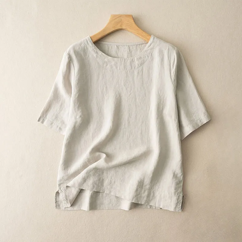 Buddha Stones Simple Plain Short Sleeve Crew Neck Side Slit Cotton Linen Women's T-Shirt