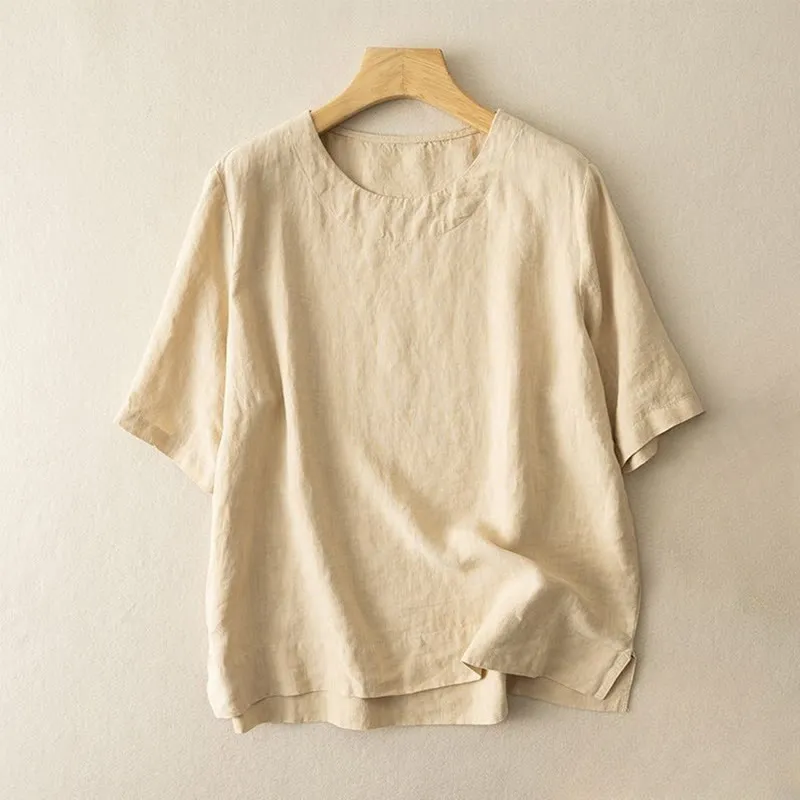 Buddha Stones Simple Plain Short Sleeve Crew Neck Side Slit Cotton Linen Women's T-Shirt