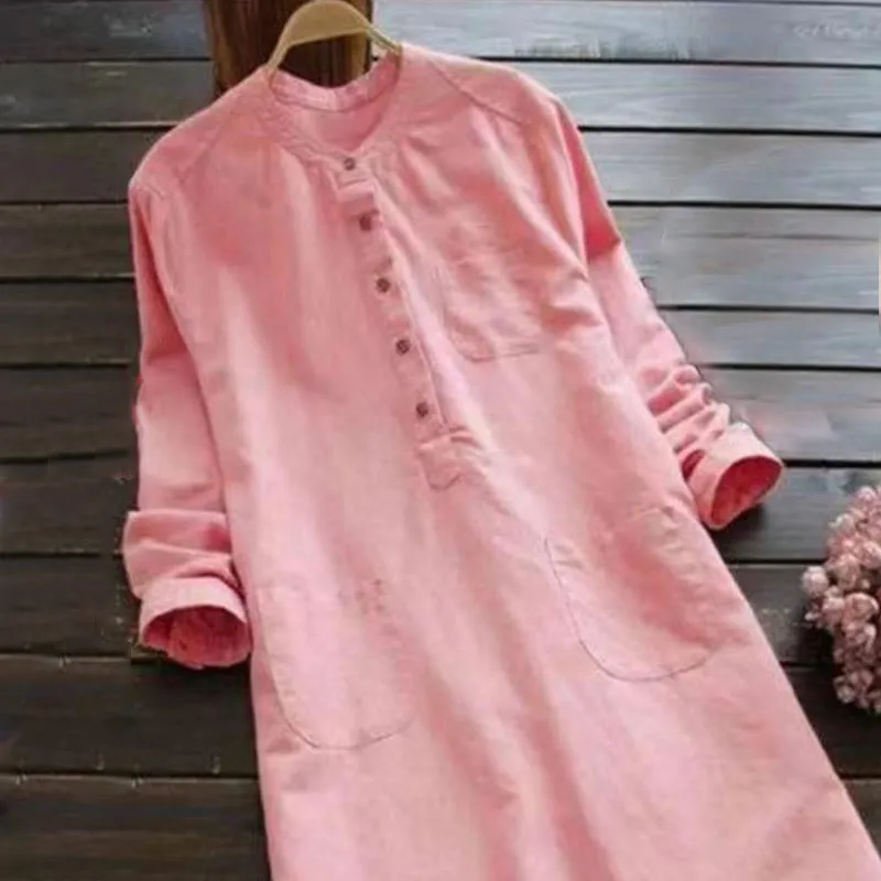 Buddha Stones Solid Buttons Long Sleeve Cotton Linen Women's Shirt Dress With Pockets