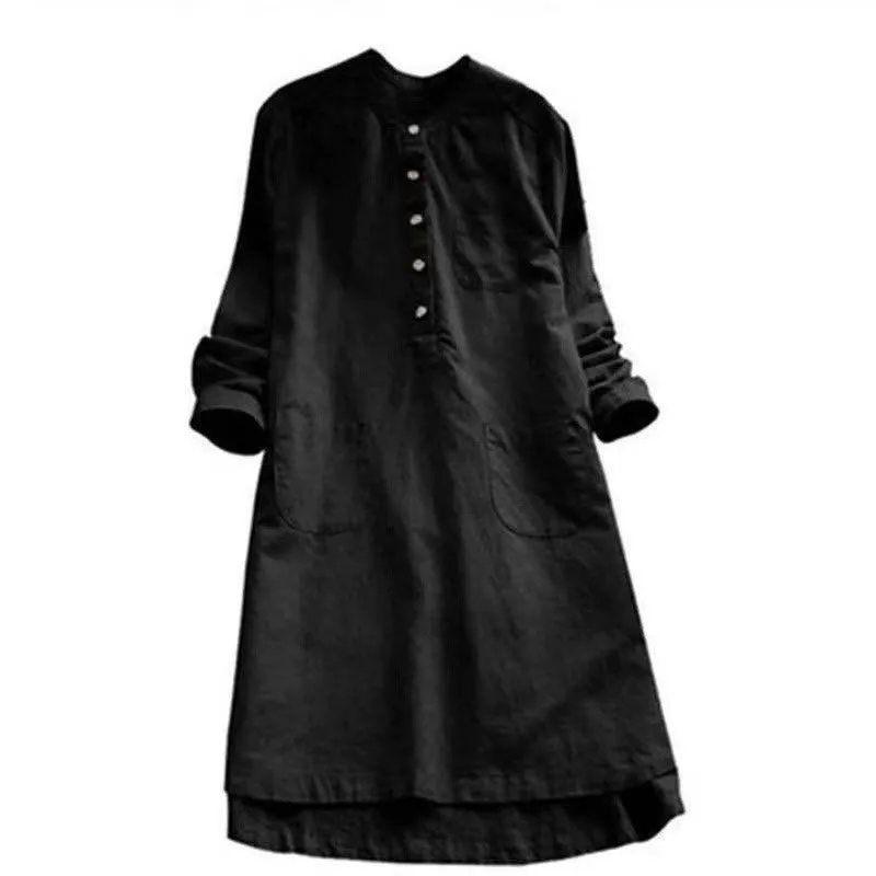 Buddha Stones Solid Buttons Long Sleeve Cotton Linen Women's Shirt Dress With Pockets