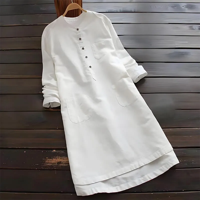 Buddha Stones Solid Buttons Long Sleeve Cotton Linen Women's Shirt Dress With Pockets