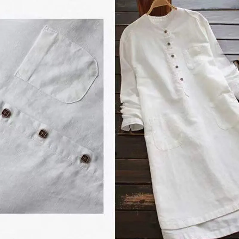 Buddha Stones Solid Buttons Long Sleeve Cotton Linen Women's Shirt Dress With Pockets