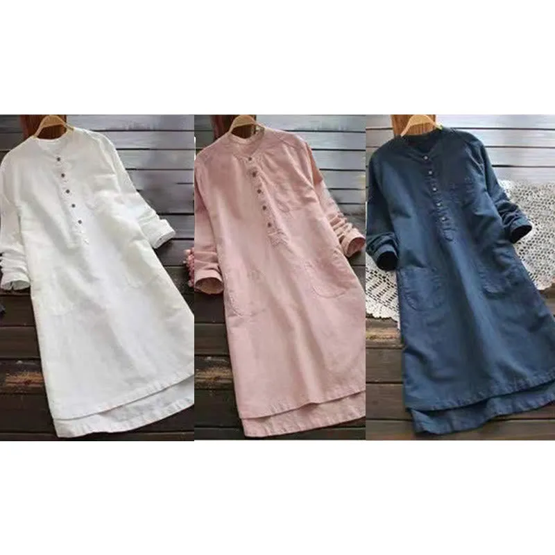 Buddha Stones Solid Buttons Long Sleeve Cotton Linen Women's Shirt Dress With Pockets