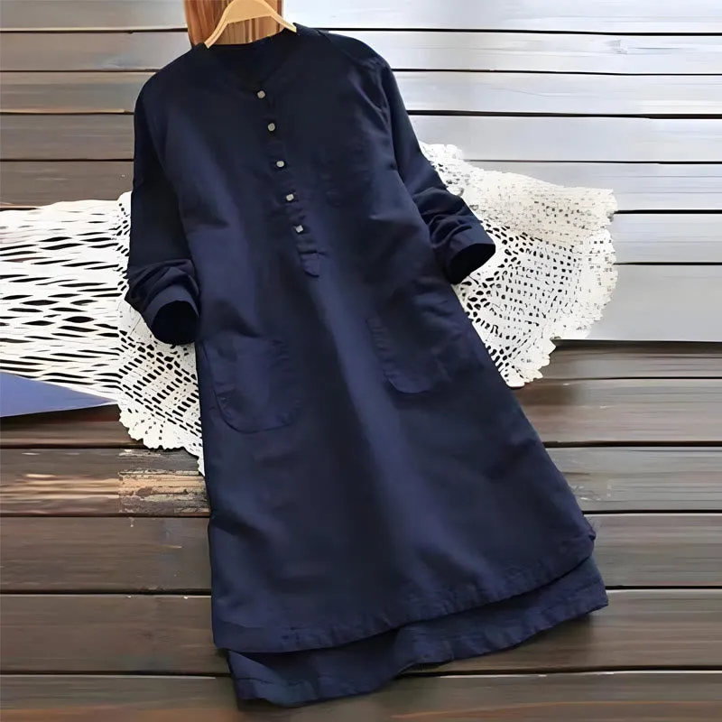 Buddha Stones Solid Buttons Long Sleeve Cotton Linen Women's Shirt Dress With Pockets