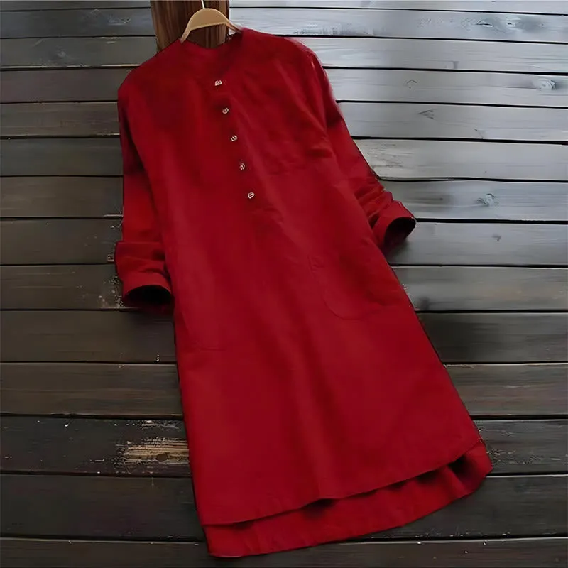 Buddha Stones Solid Buttons Long Sleeve Cotton Linen Women's Shirt Dress With Pockets
