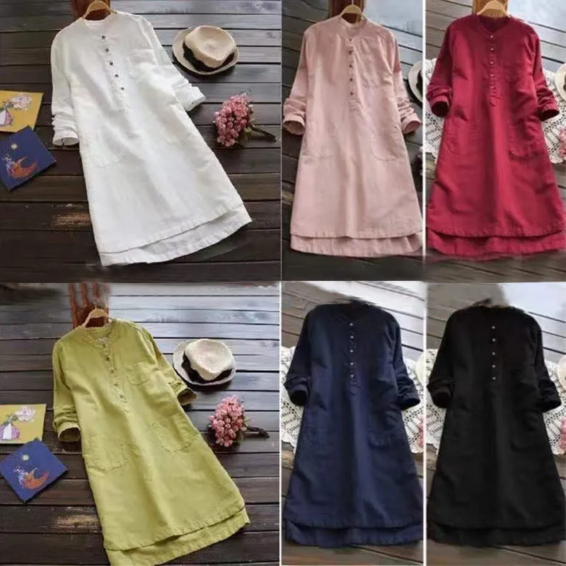 Buddha Stones Solid Buttons Long Sleeve Cotton Linen Women's Shirt Dress With Pockets