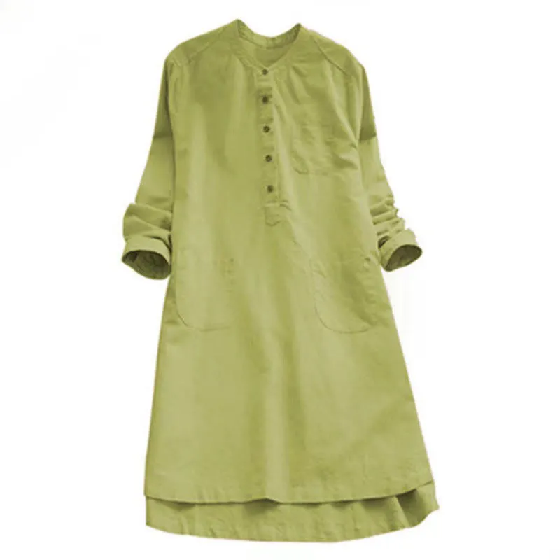 Buddha Stones Solid Buttons Long Sleeve Cotton Linen Women's Shirt Dress With Pockets