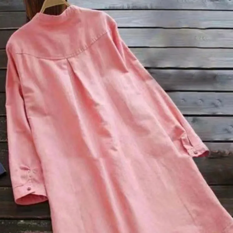 Buddha Stones Solid Buttons Long Sleeve Cotton Linen Women's Shirt Dress With Pockets