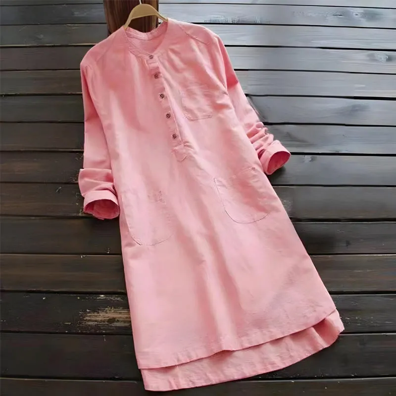 Buddha Stones Solid Buttons Long Sleeve Cotton Linen Women's Shirt Dress With Pockets