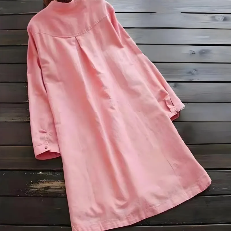 Buddha Stones Solid Buttons Long Sleeve Cotton Linen Women's Shirt Dress With Pockets