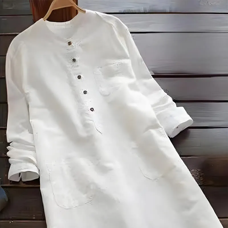 Buddha Stones Solid Buttons Long Sleeve Cotton Linen Women's Shirt Dress With Pockets