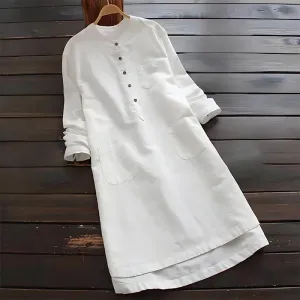 Buddha Stones Solid Buttons Long Sleeve Cotton Linen Women's Shirt Dress With Pockets
