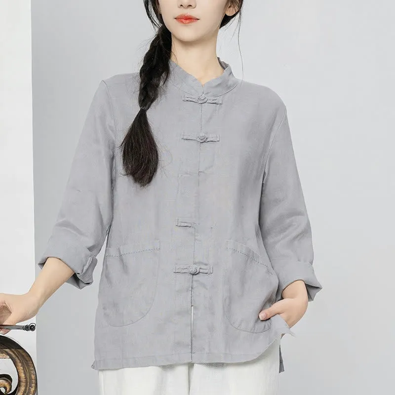 Buddha Stones Solid Color Frog-button Long Sleeve Linen Women's Shirts With Pockets