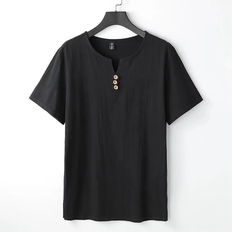 Buddha Stones Solid Color V-neck Three Top Buttons Short Sleeve Cotton linen Men's Shirt