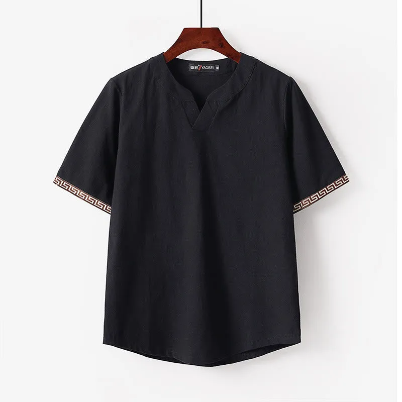 Buddha Stones Solid Short Sleeve Notched Neck Soft Cotton Men's T-Shirt