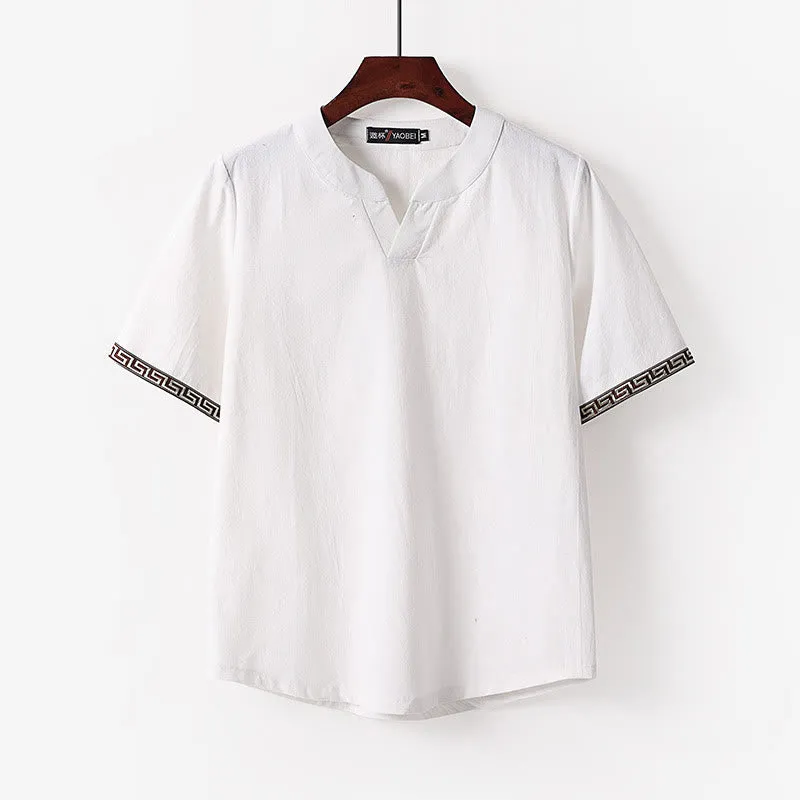 Buddha Stones Solid Short Sleeve Notched Neck Soft Cotton Men's T-Shirt