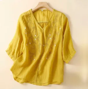 Buddha Stones Summer Casual Flower Branches Embroidered Pattern V-Neck Half Sleeve Cotton Linen Women's T-shirt