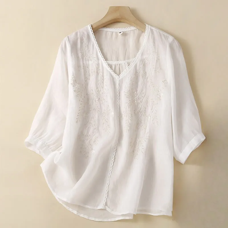 Buddha Stones Summer Casual Flower Branches Embroidered Pattern V-Neck Half Sleeve Cotton Linen Women's T-shirt