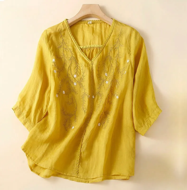 Buddha Stones Summer Casual Flower Branches Embroidered Pattern V-Neck Half Sleeve Cotton Linen Women's T-shirt
