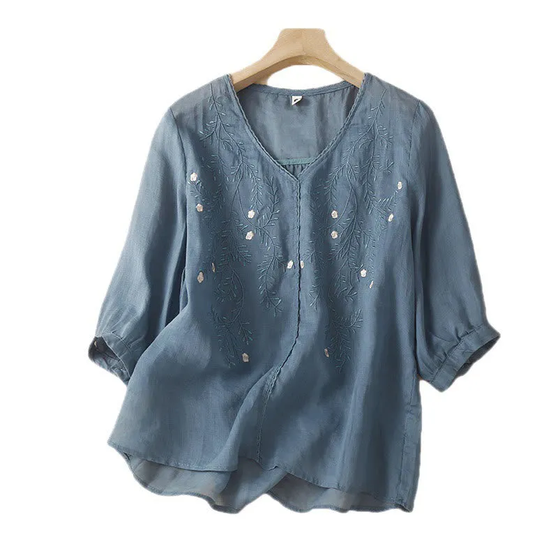 Buddha Stones Summer Casual Flower Branches Embroidered Pattern V-Neck Half Sleeve Cotton Linen Women's T-shirt