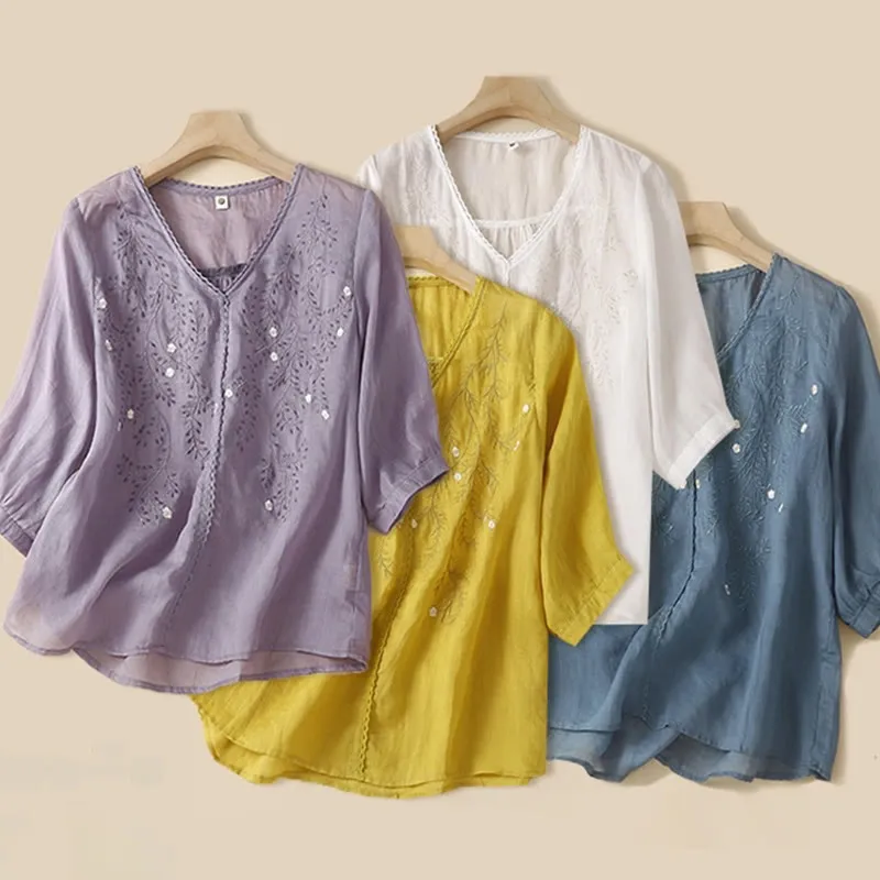 Buddha Stones Summer Casual Flower Branches Embroidered Pattern V-Neck Half Sleeve Cotton Linen Women's T-shirt