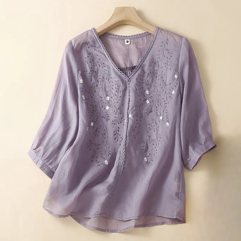Buddha Stones Summer Casual Flower Branches Embroidered Pattern V-Neck Half Sleeve Cotton Linen Women's T-shirt