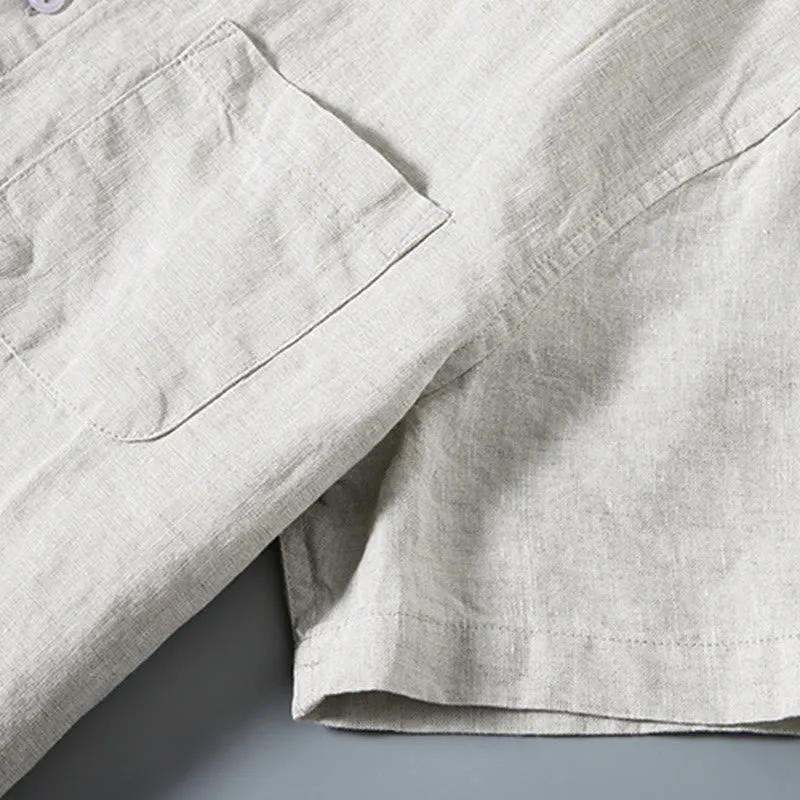 Buddha Stones Summer Casual Pure Color Button Cotton Men's Shirt WIth Pocket