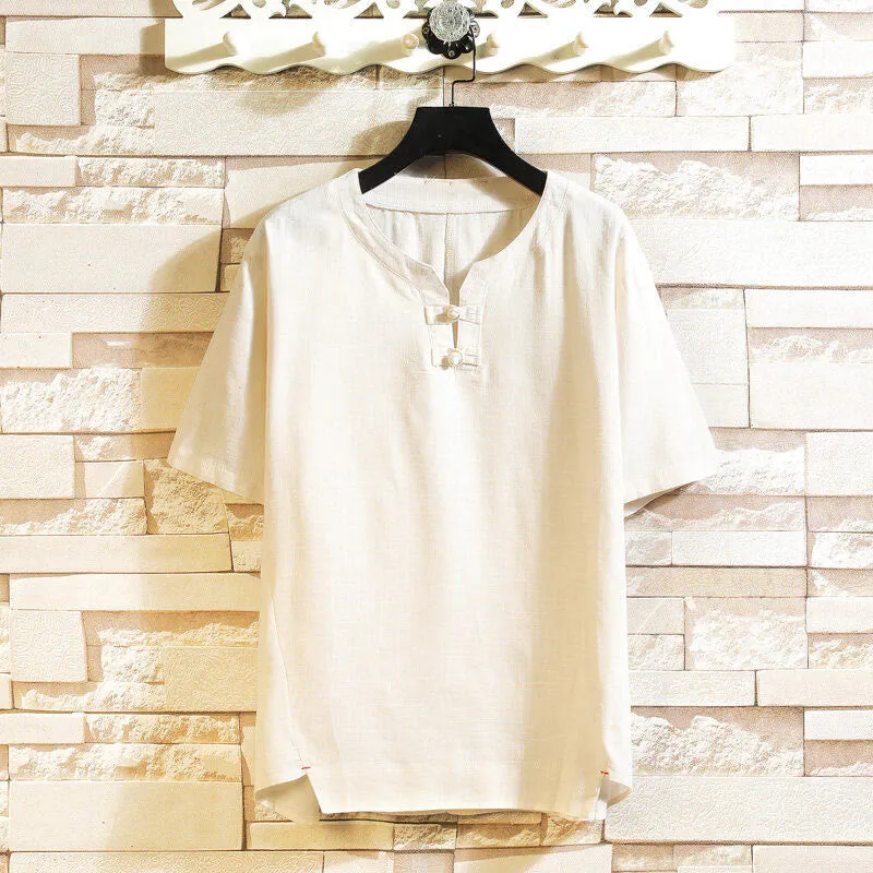 Buddha Stones Summer Chinese Frog-button Men's Solid Color Button Short Sleeve Cotton Linen Shirt