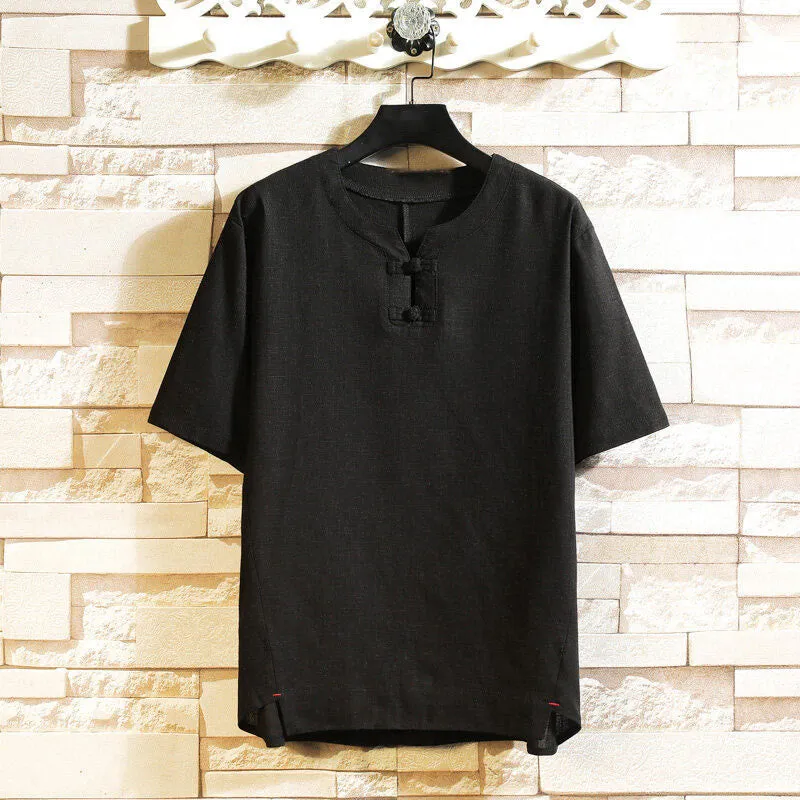 Buddha Stones Summer Chinese Frog-button Men's Solid Color Button Short Sleeve Cotton Linen Shirt