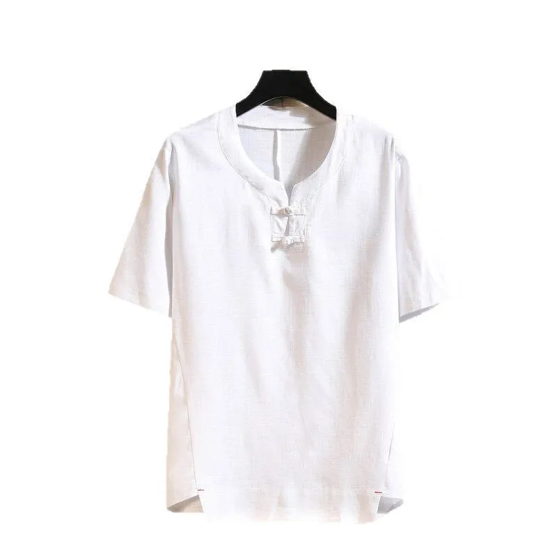 Buddha Stones Summer Chinese Frog-button Men's Solid Color Button Short Sleeve Cotton Linen Shirt