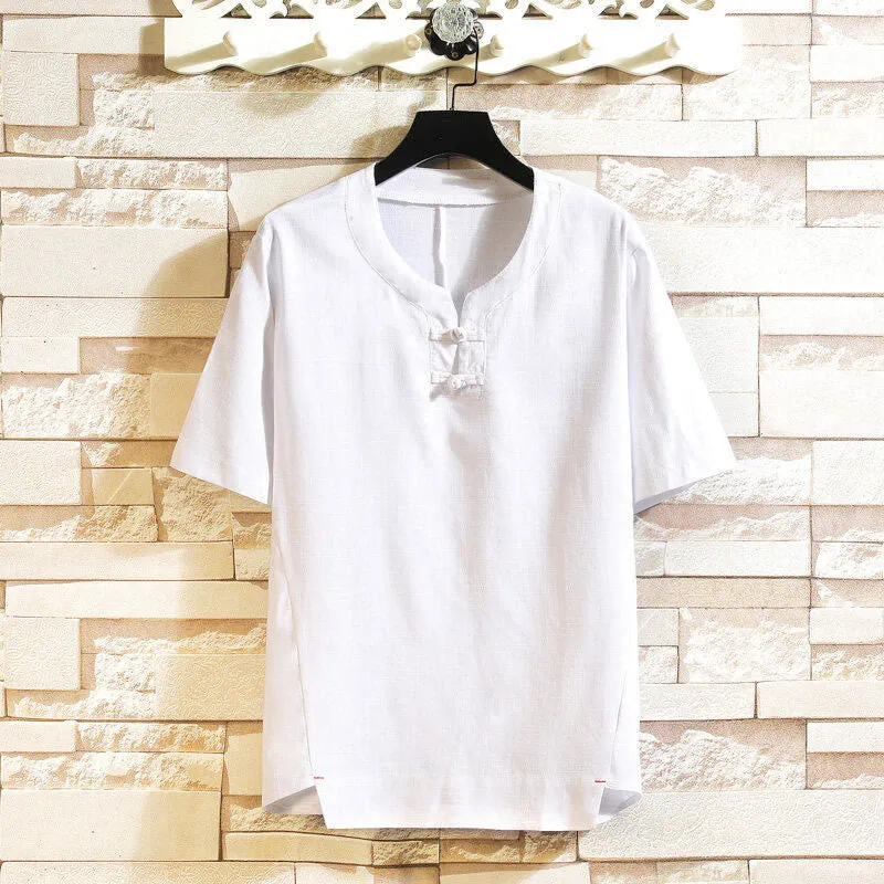 Buddha Stones Summer Chinese Frog-button Men's Solid Color Button Short Sleeve Cotton Linen Shirt
