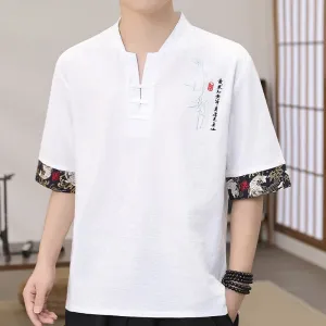 Buddha Stones Summer Embroidery Bamboo Pattern Patchwork Design Men's Half Sleeve Cotton Linen T-Shirt