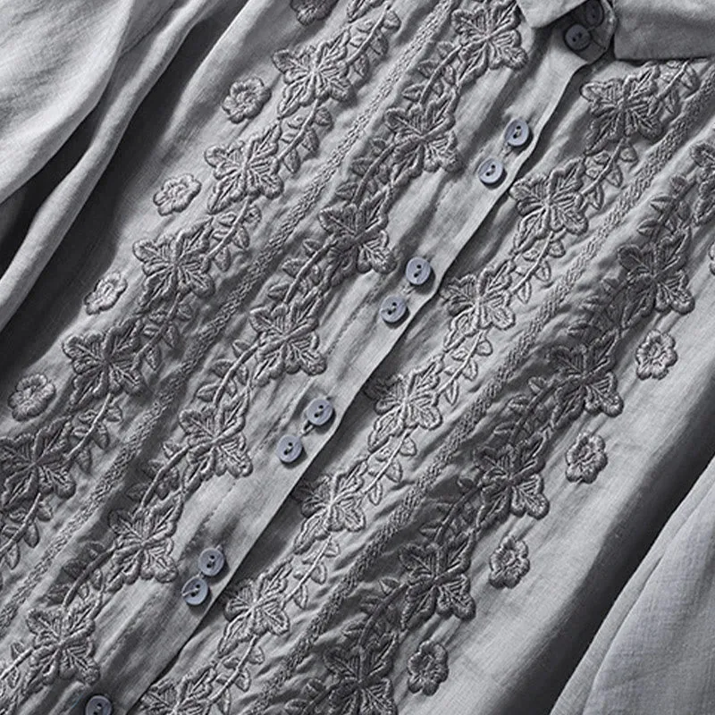 Buddha Stones Summer Plain Button Embroidery Flower Pattern Three Quarter Sleeve Lapel Cotton Linen Women's Shirt