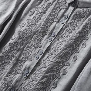 Buddha Stones Summer Plain Button Embroidery Flower Pattern Three Quarter Sleeve Lapel Cotton Linen Women's Shirt