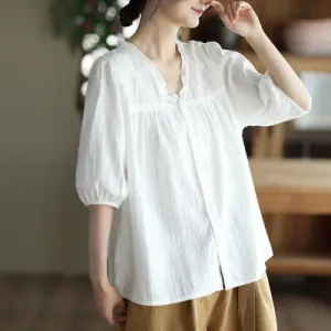 Buddha Stones Women's Pure White Lace V-neck Design Half Sleeve Cotton Shirt