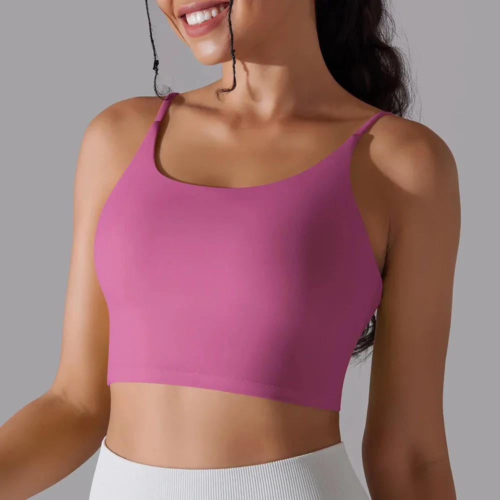Buttery Soft Push-Up Sports Bras - Padded Backless Yoga Bra for Women with Built-In Bra, Spaghetti Strap Workout Gym Cropped Tank Top