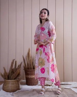 Carnation Pink Printed Silk Festive Kurta Set