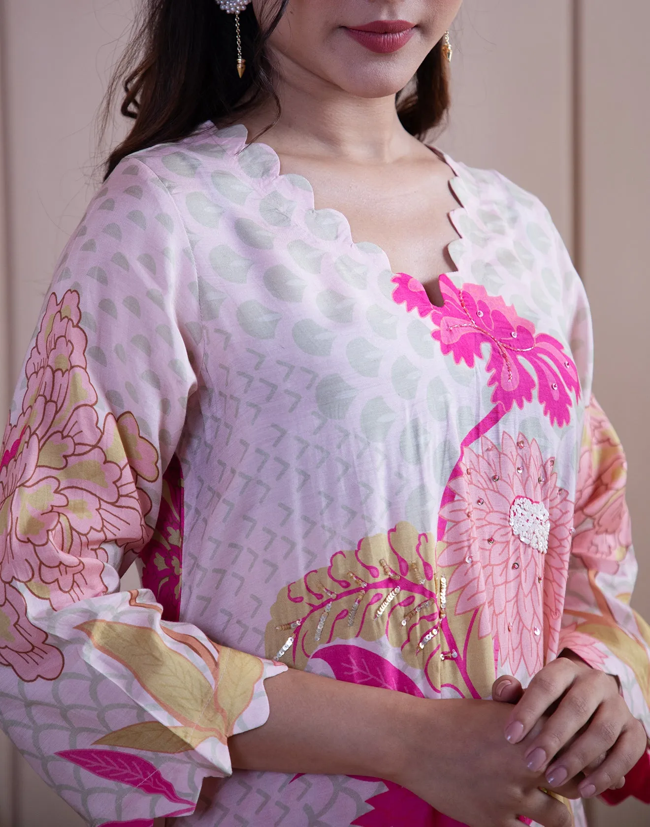 Carnation Pink Printed Silk Festive Kurta Set
