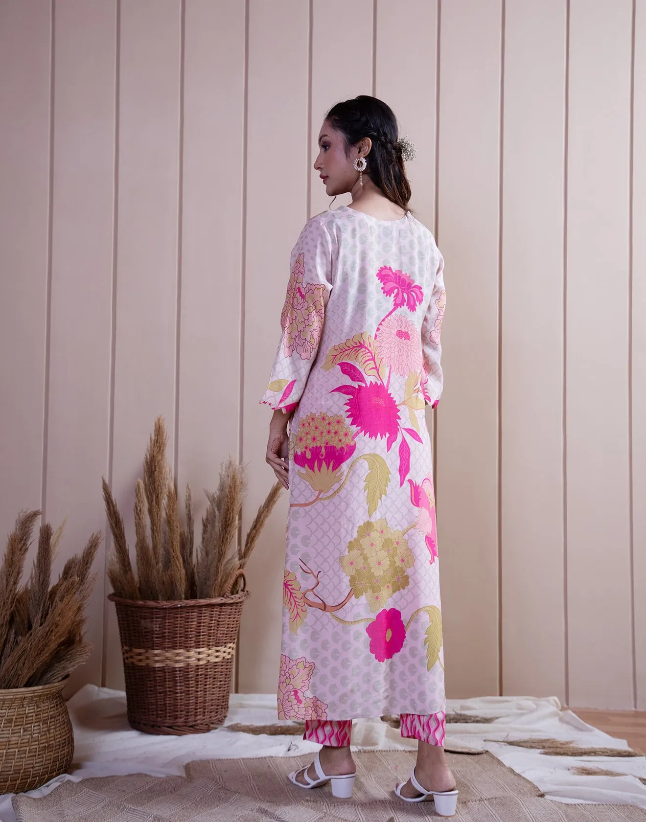 Carnation Pink Printed Silk Festive Kurta Set