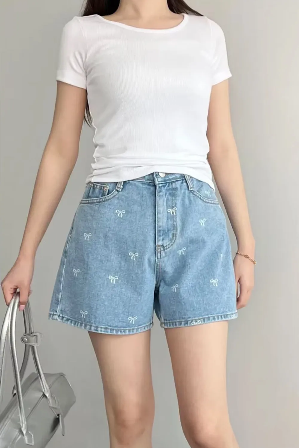 Casual Bowknot Embroidered Denim Shorts