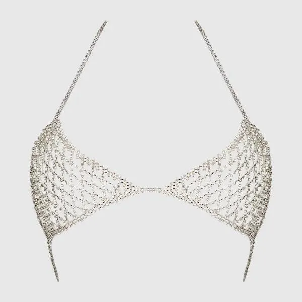 Chainmail Rhinestone Triangle Bra - Silver - One Size