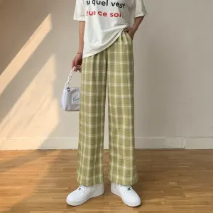 CityHottie - Vintage Plaid Pants Women High Waist Plus Size Wide Leg Casual Female Trousers Summer Joggers Clothes Streetwear Girl Pants